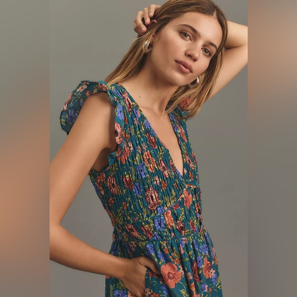 Anthropologie Peregrine Floral Blue Flutter Sleeve Midi Dress Size Large - Picture 2 of 13